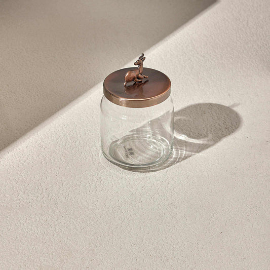 Shiny Deer Glass Jar with Bronze Lid featuring a decorative deer, ideal for storing candies or spices.