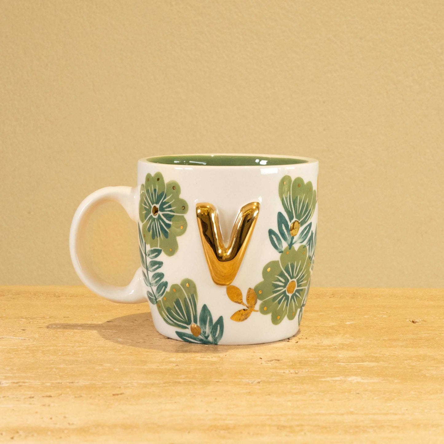 Custom Handmade Ceramic Mug with Gold-Plated Initial "V" and Floral Design