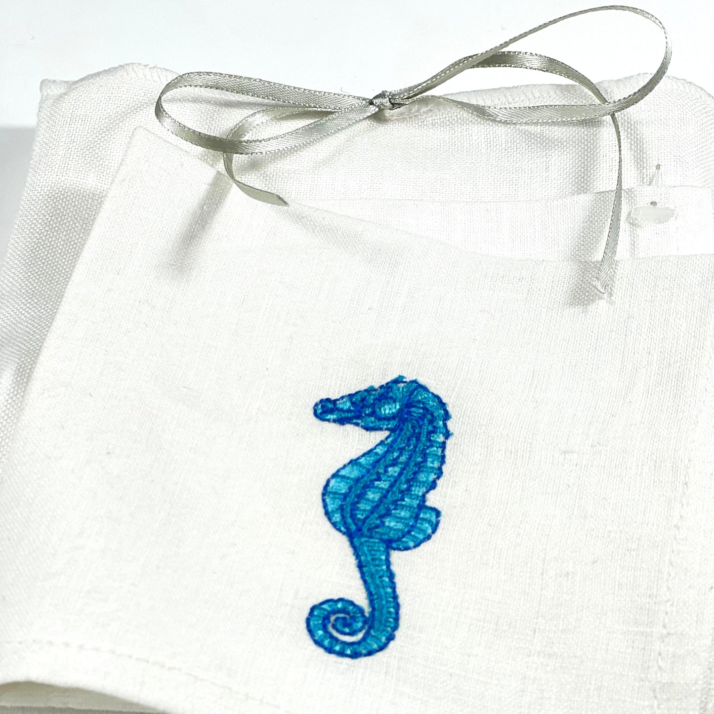 SEA HORSE TURQUOISE-WHITE LINEN COCKTAIL NAPKIN 14*14