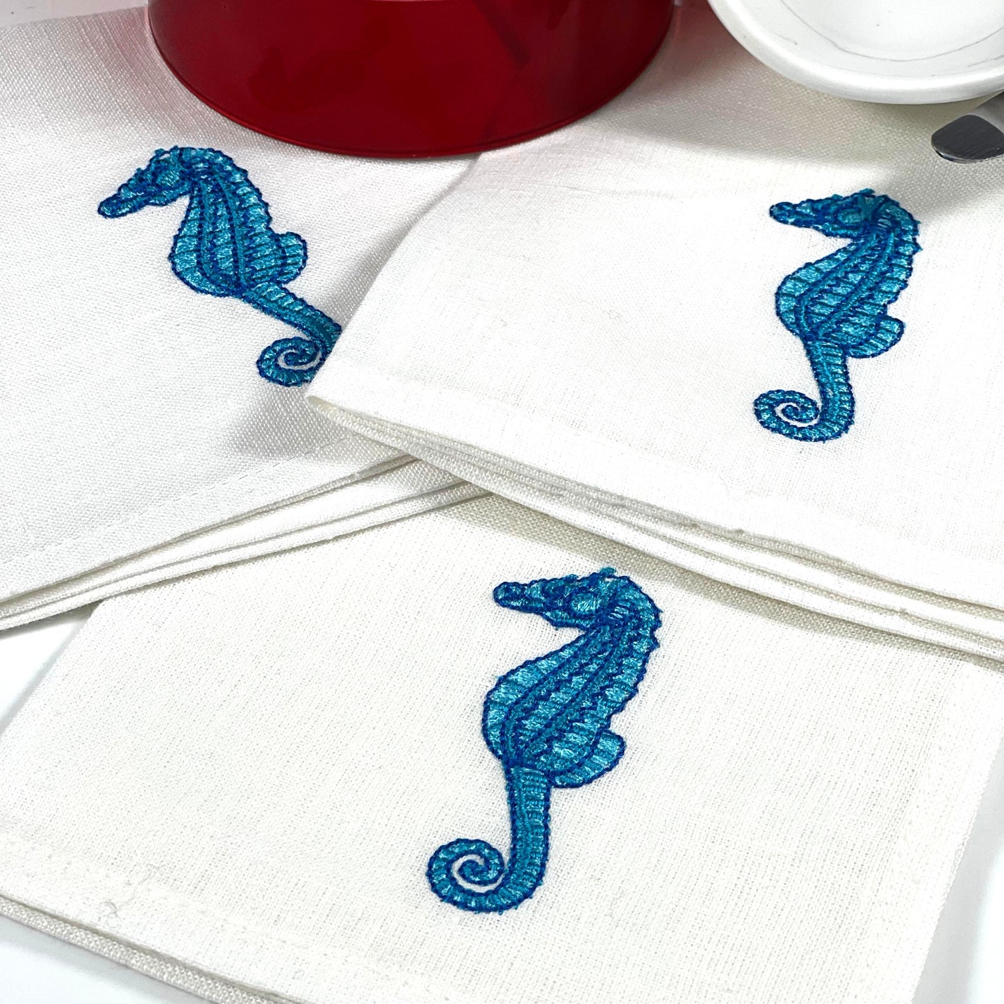 SEA HORSE TURQUOISE-WHITE LINEN COCKTAIL NAPKIN 14*14
