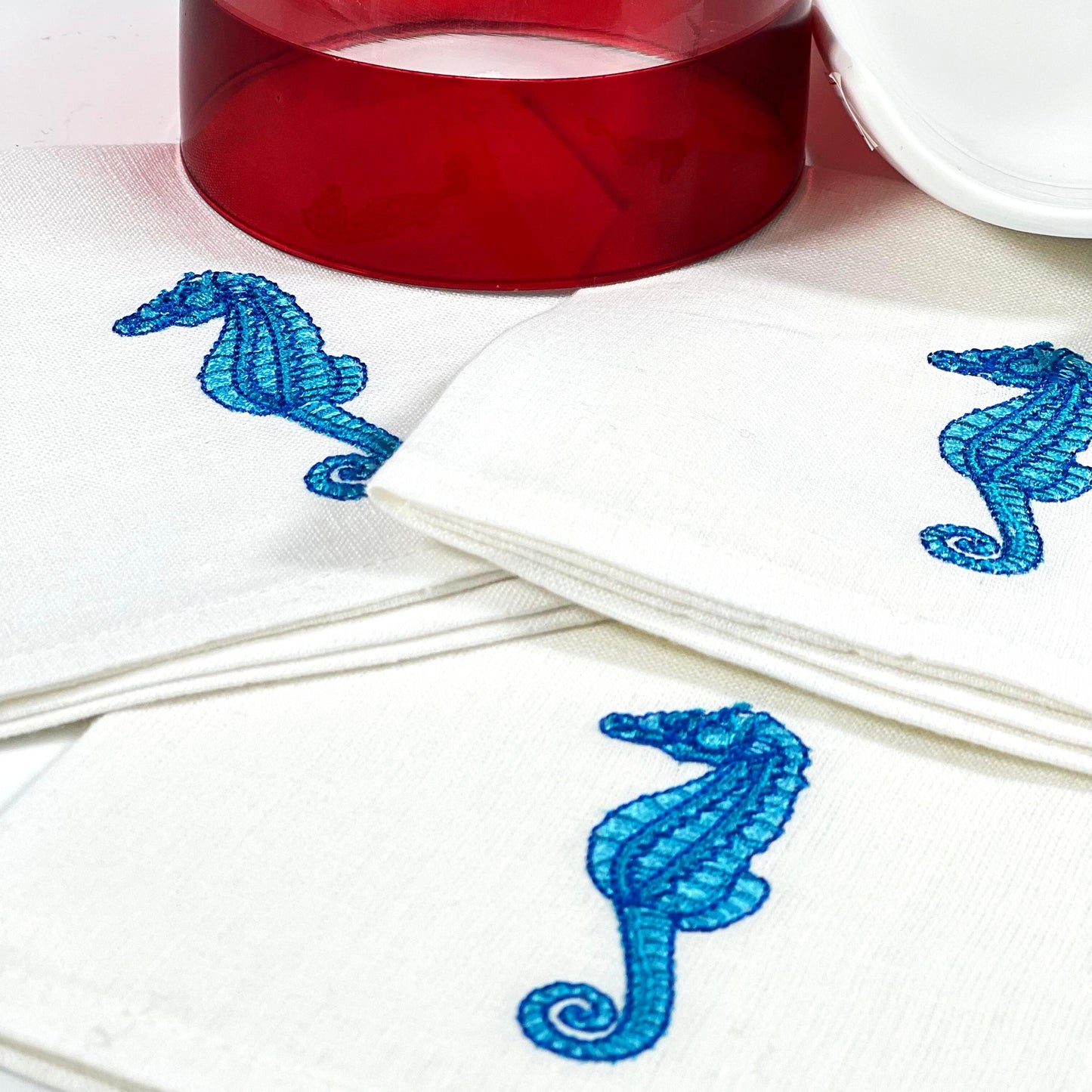 SEA HORSE TURQUOISE-WHITE LINEN COCKTAIL NAPKIN 14*14