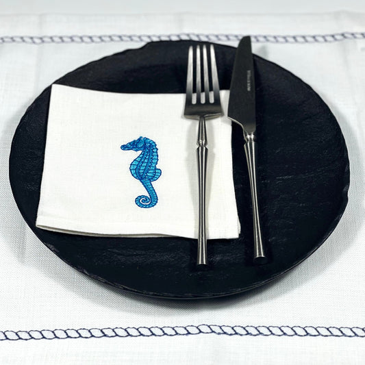 SEA HORSE TURQUOISE-WHITE LINEN COCKTAIL NAPKIN 14*14
