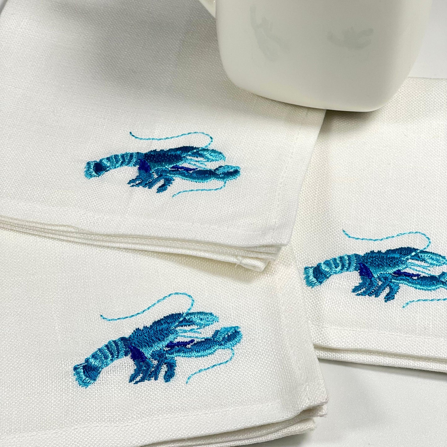 LOBSTER TURQUOISE-WHITE LINEN COCKTAIL NAPKIN
