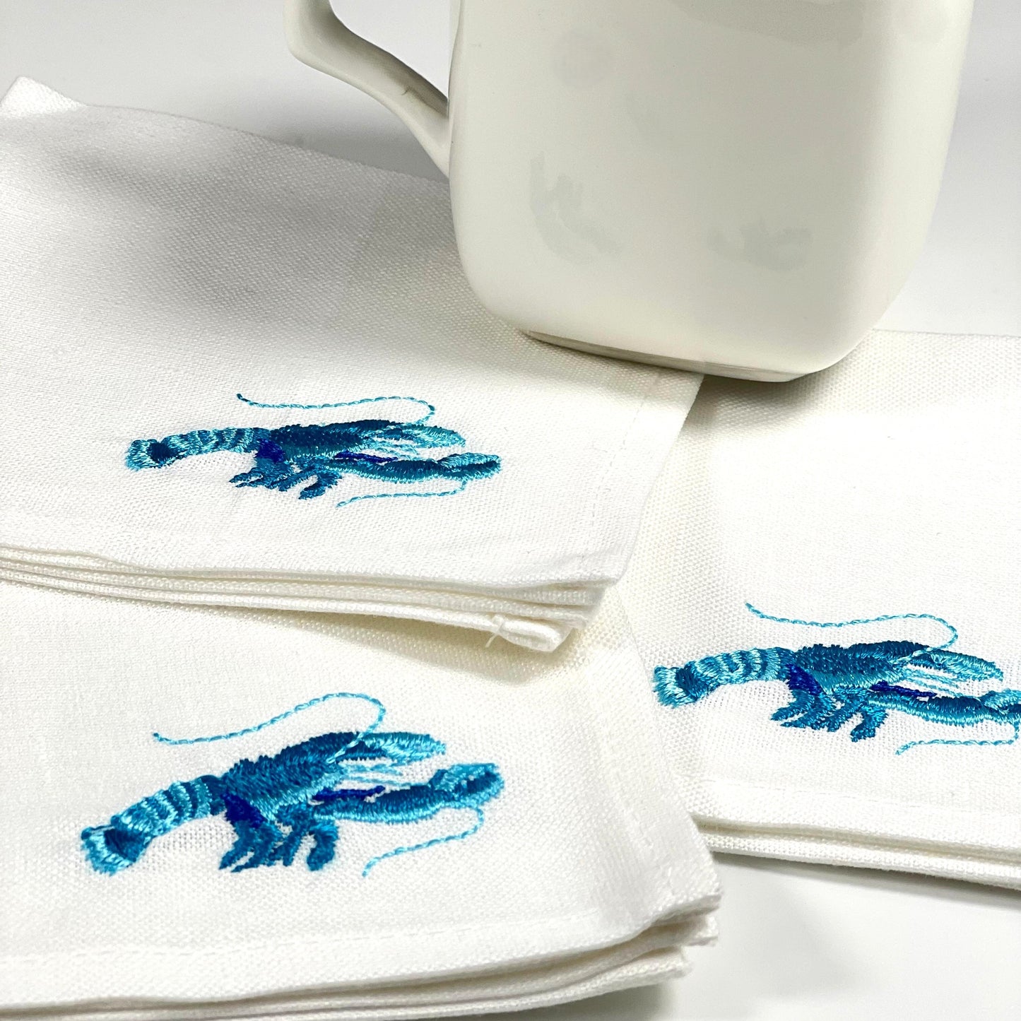 LOBSTER TURQUOISE-WHITE LINEN COCKTAIL NAPKIN