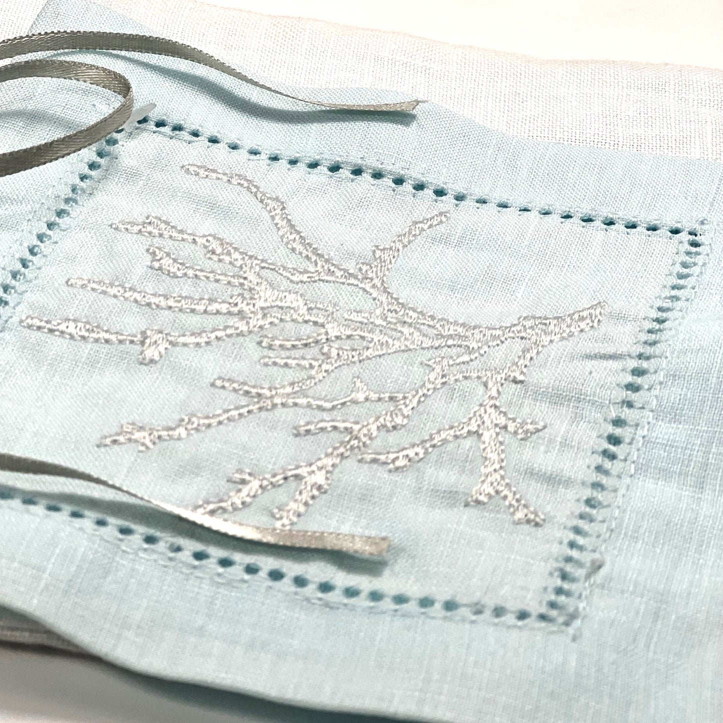 CORAL HEMSTICH SILVER-LIGHT BLUE LINEN COCKTAIL NAPKIN 14*14
