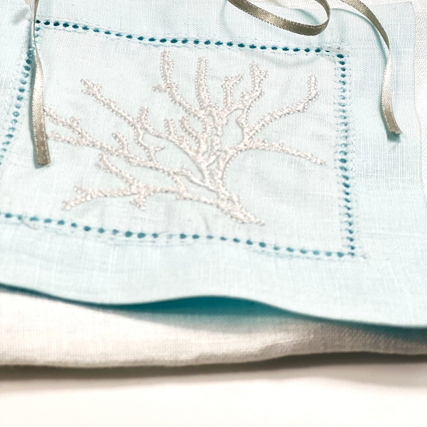 CORAL HEMSTICH SILVER-LIGHT BLUE LINEN COCKTAIL NAPKIN 14*14