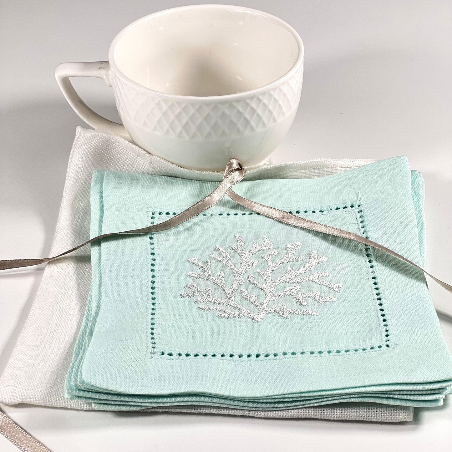 CORAL HEMSTICH SILVER-LIGHT TURQUOISE LINEN COCKTAIL NAPKIN 14*14