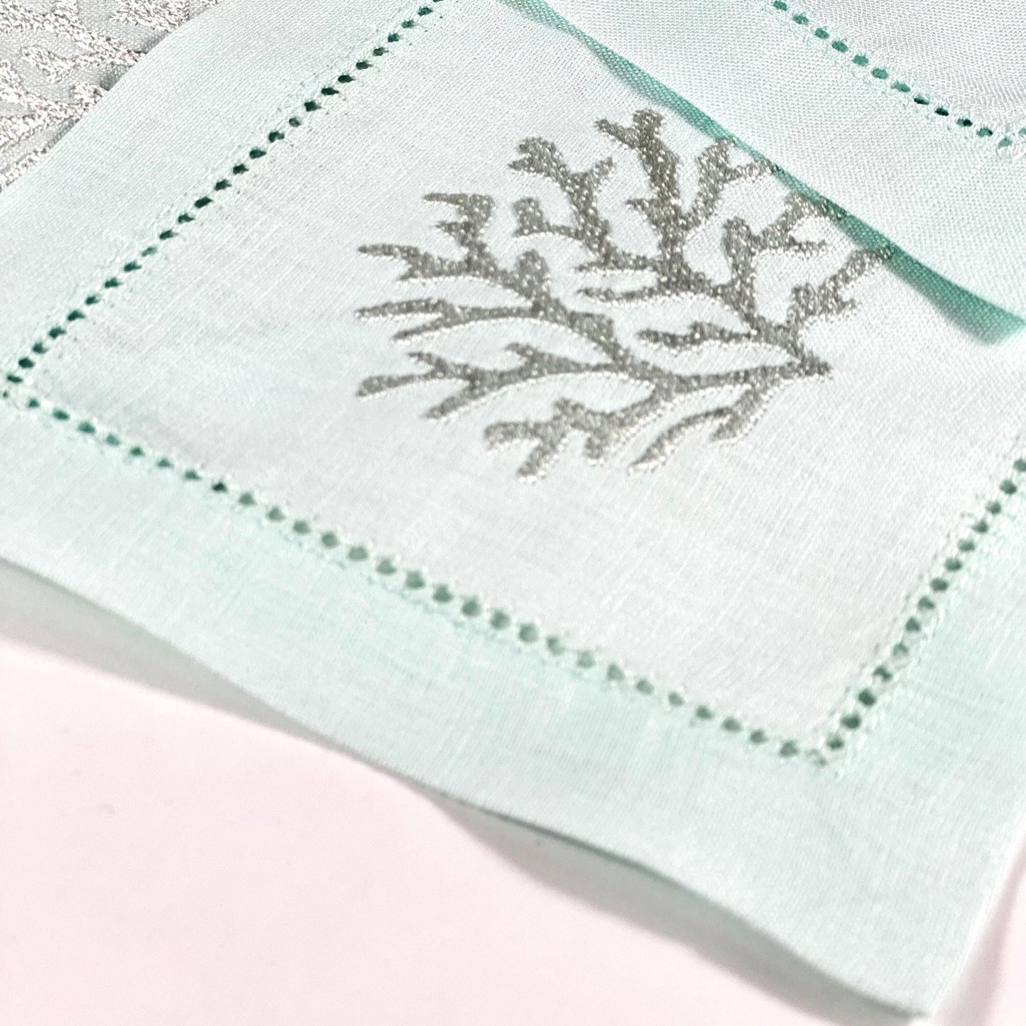 CORAL HEMSTICH SILVER-LIGHT TURQUOISE LINEN COCKTAIL NAPKIN 14*14
