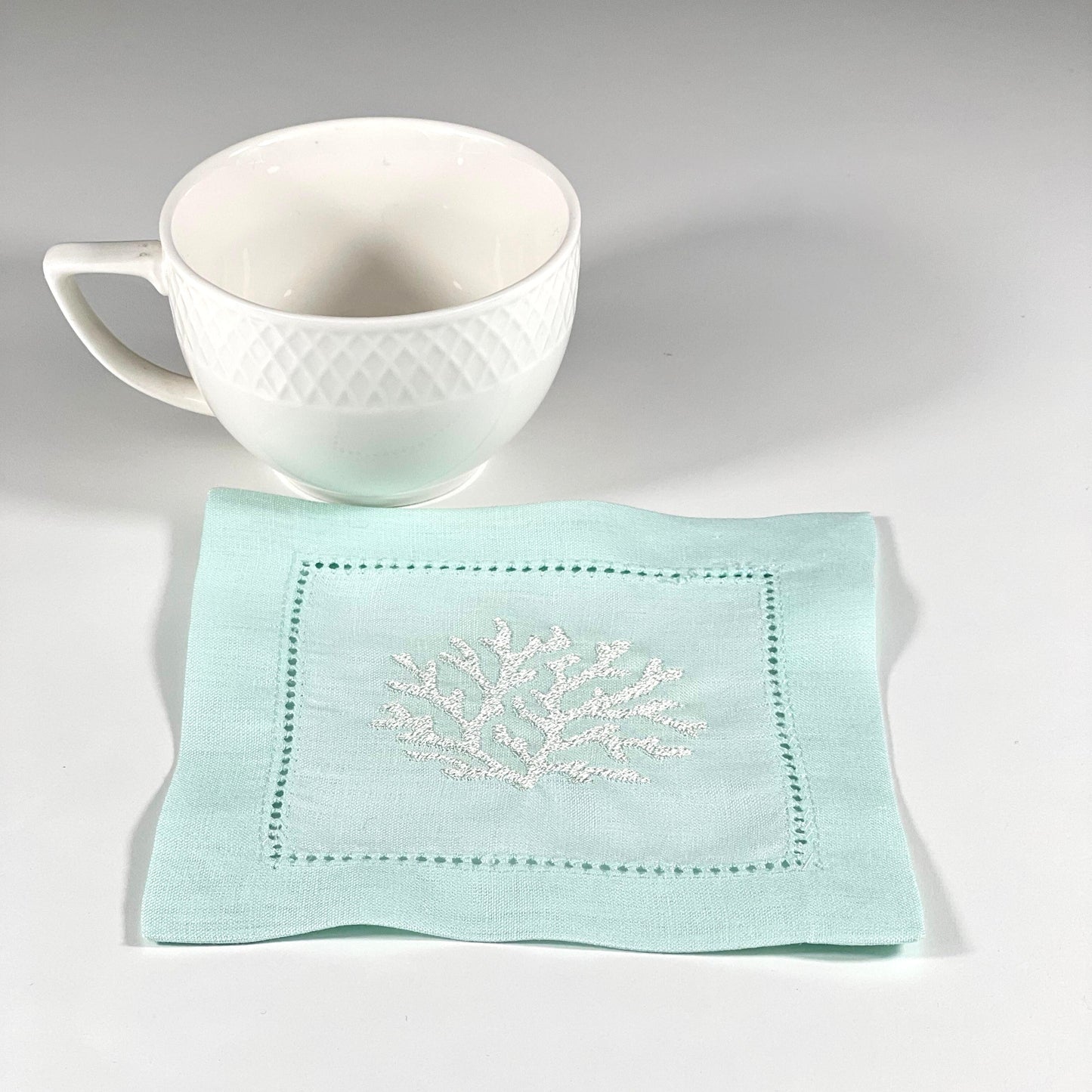 CORAL HEMSTICH SILVER-LIGHT TURQUOISE LINEN COCKTAIL NAPKIN 14*14
