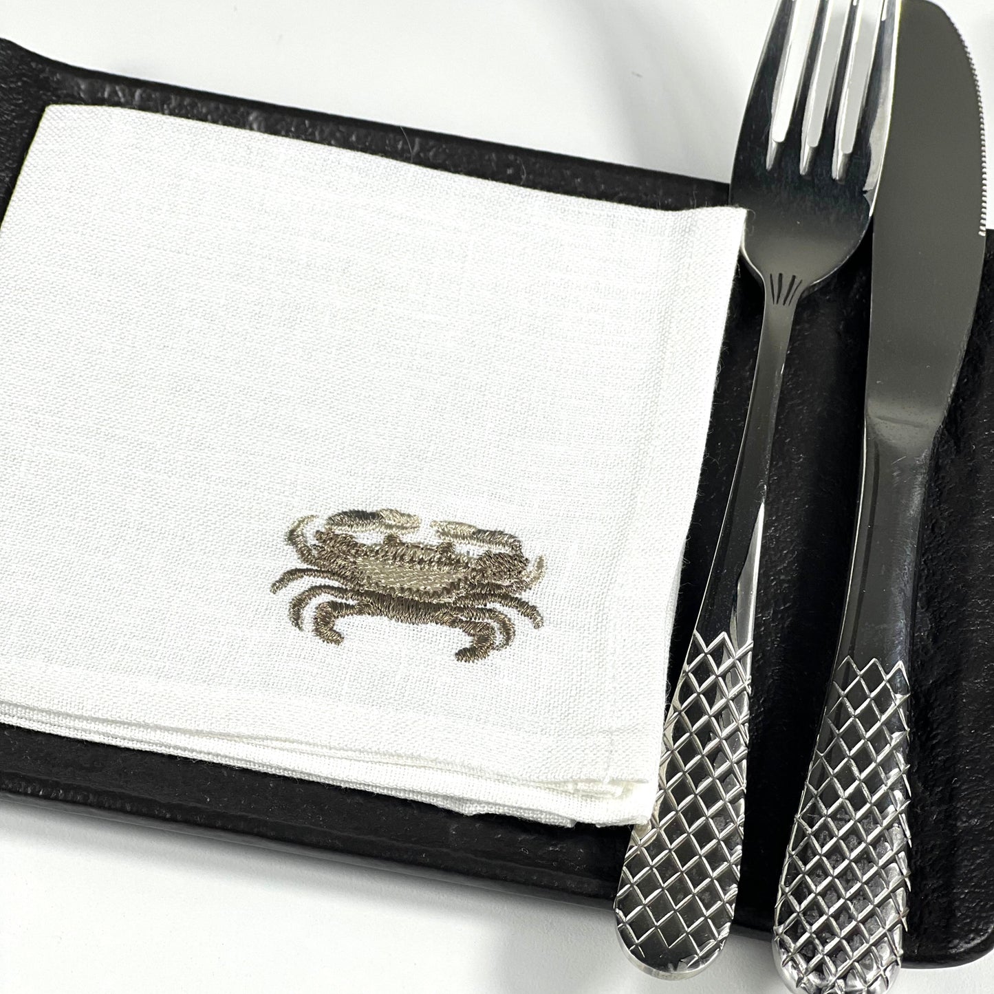 CRAB BEIGE-WHITE LINEN COCKTAIL NAPKIN