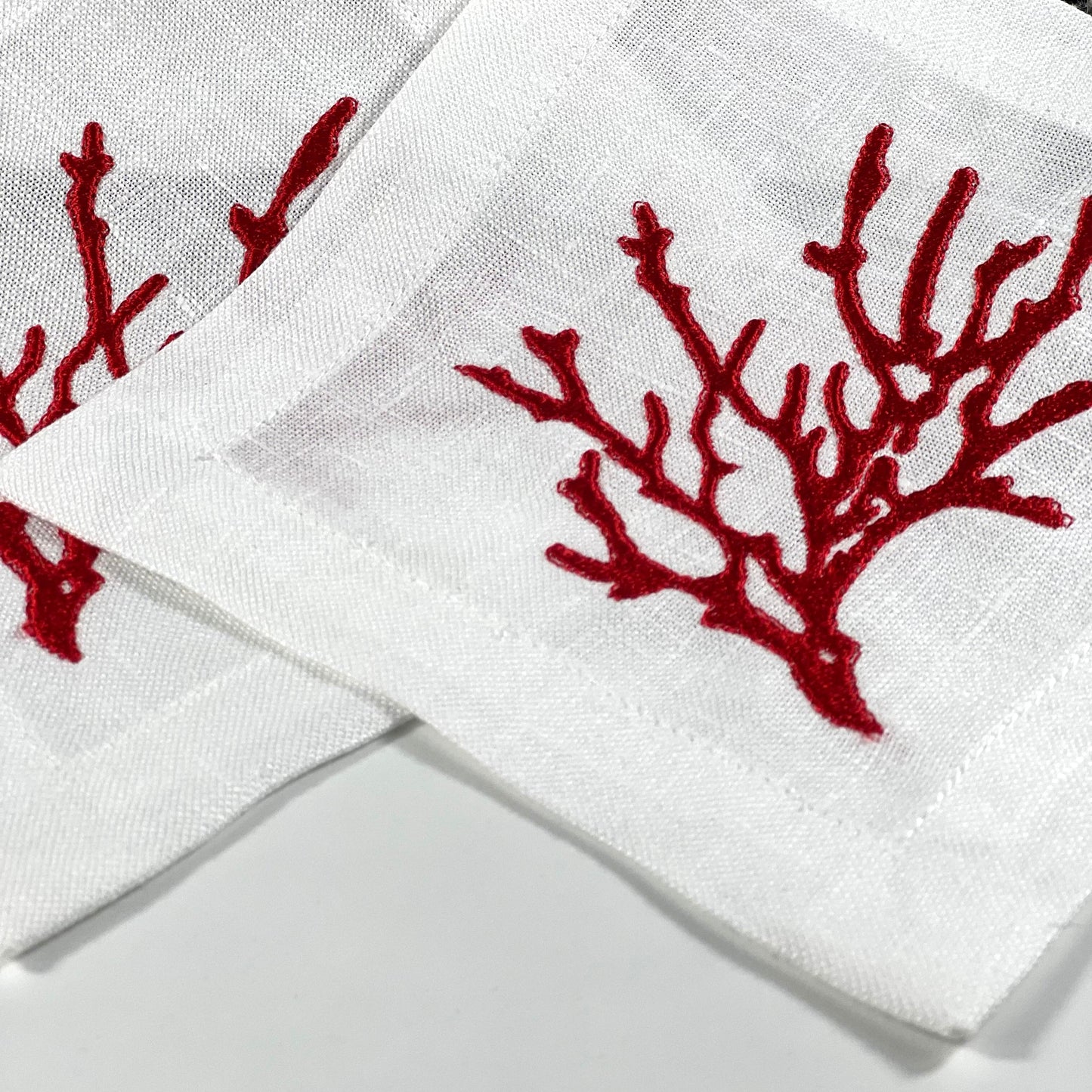 CORAL RED-WHITE LINEN COASTER