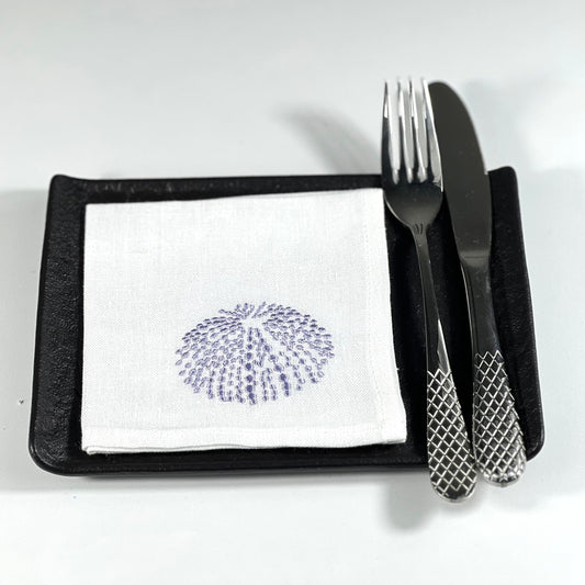 SEA URCHIN PURPLE -WHITE LINEN COCKTAIL NAPKIN