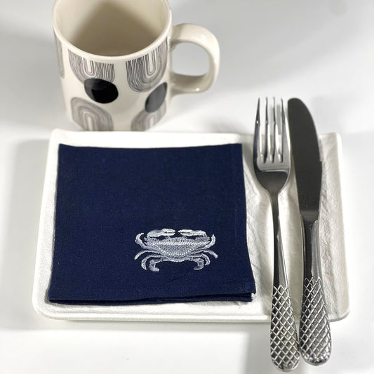 SEA HORSE SILVER-NAVY LINEN COCKTAIL NAPKIN