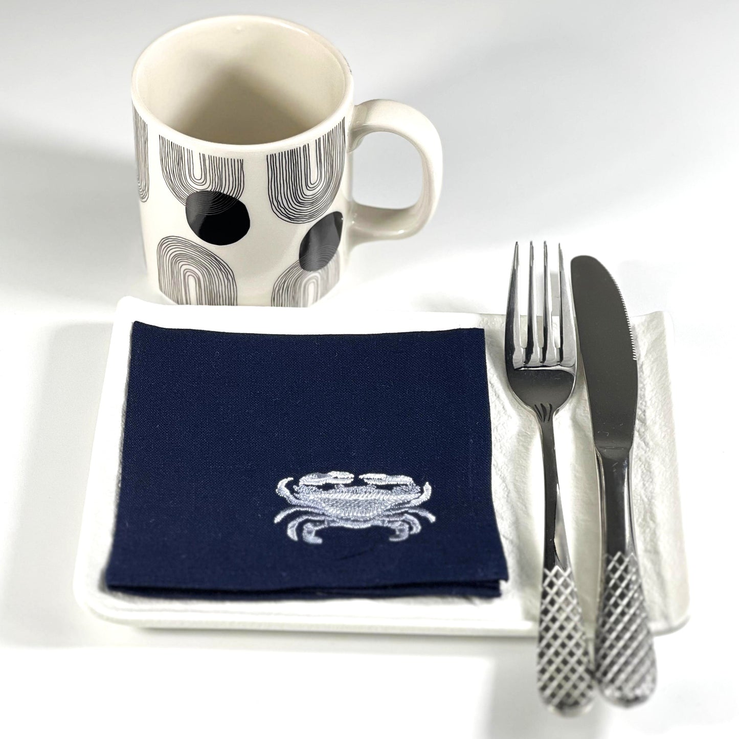 SEA HORSE SILVER-NAVY LINEN COCKTAIL NAPKIN