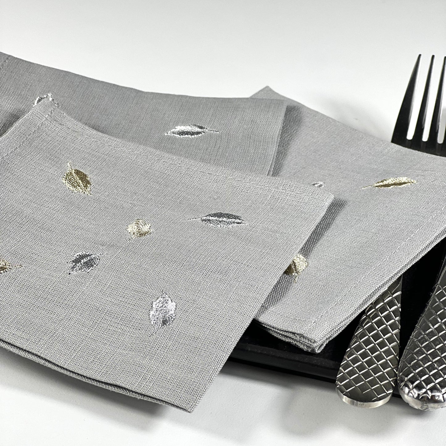 MINI LEAVES-GREY LINEN COCKTAIL NAPKIN/SET