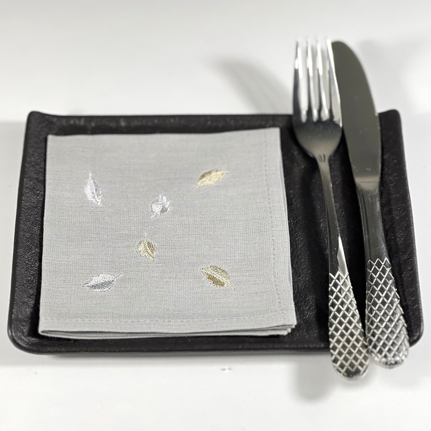 MINI LEAVES-GREY LINEN COCKTAIL NAPKIN/SET