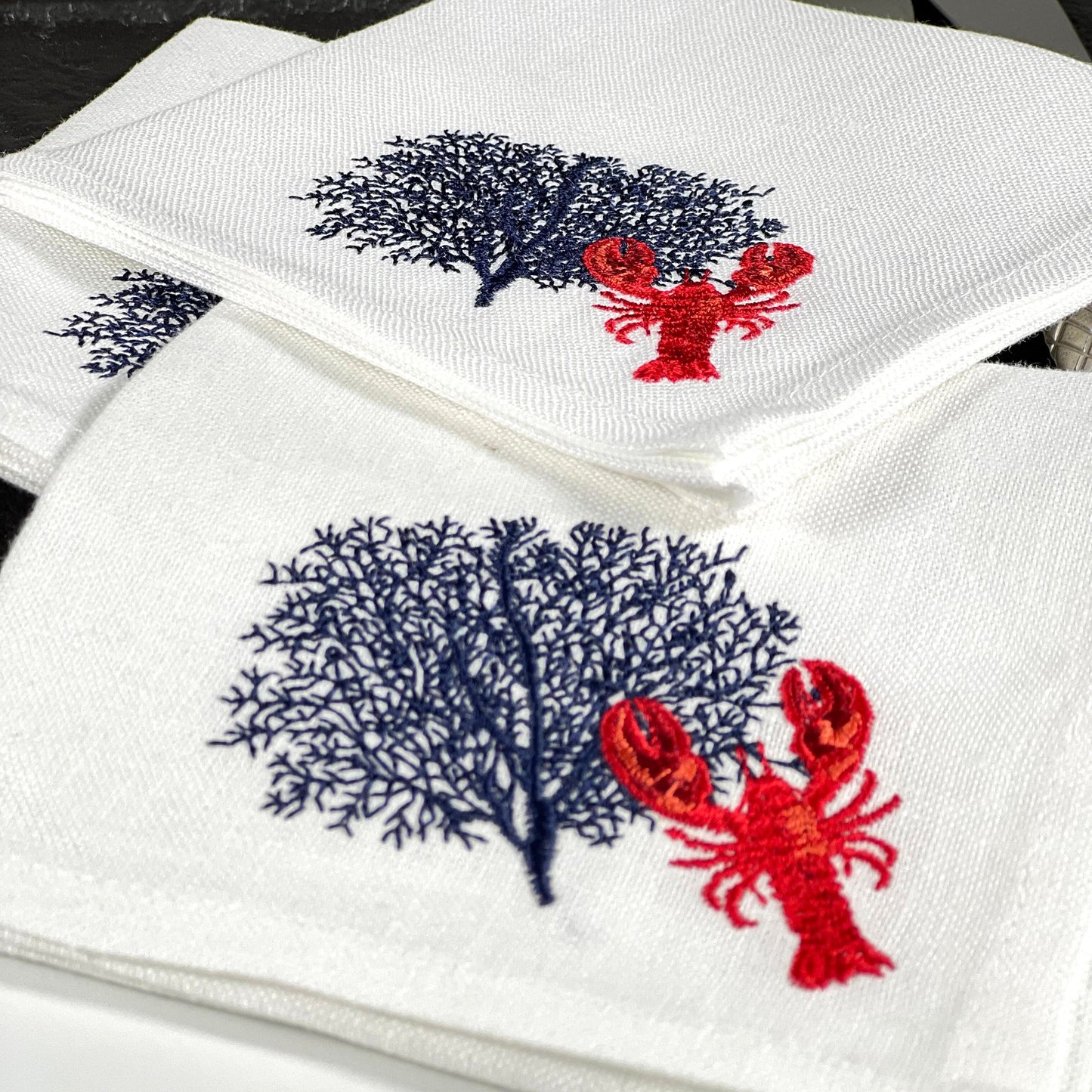 LOBSTER CORAL-WHITE LINEN COCKTAIL NAPKIN