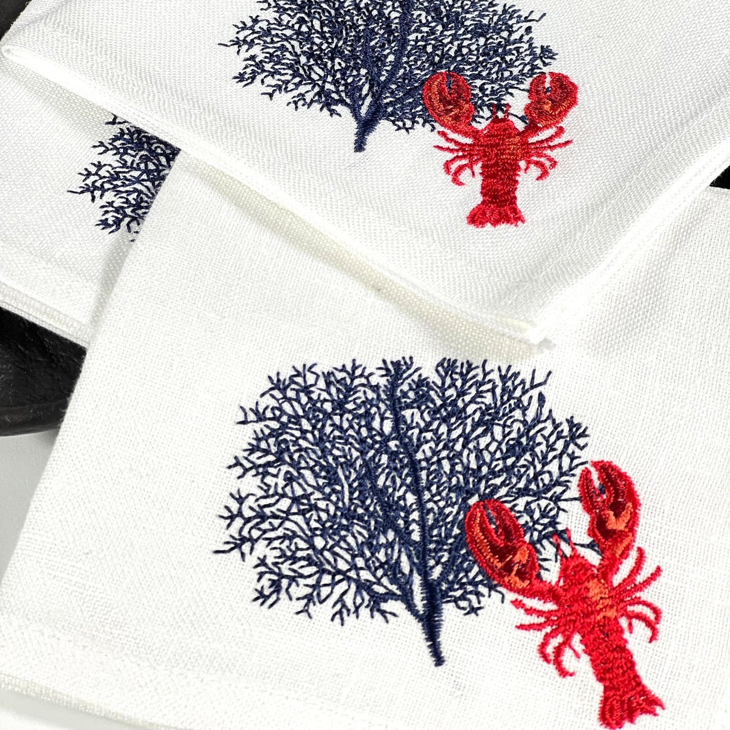 LOBSTER CORAL-WHITE LINEN COCKTAIL NAPKIN