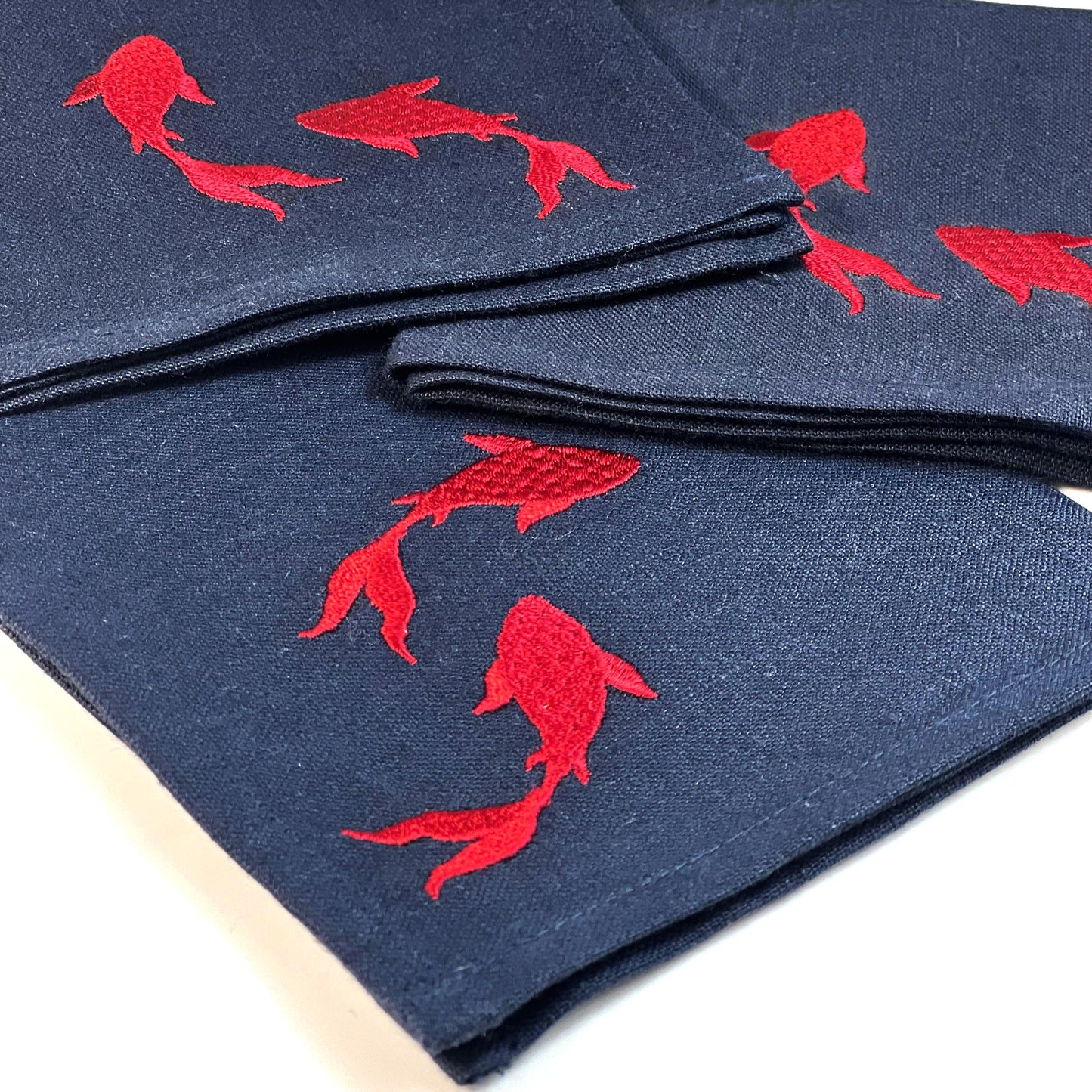 RED FISHES-NAVY LINEN COCKTAIL NAPKIN