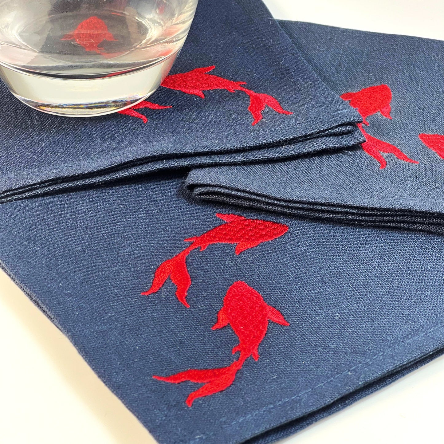 RED FISHES-NAVY LINEN COCKTAIL NAPKIN