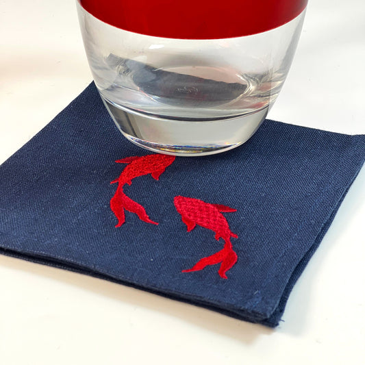 RED FISHES-NAVY LINEN COCKTAIL NAPKIN