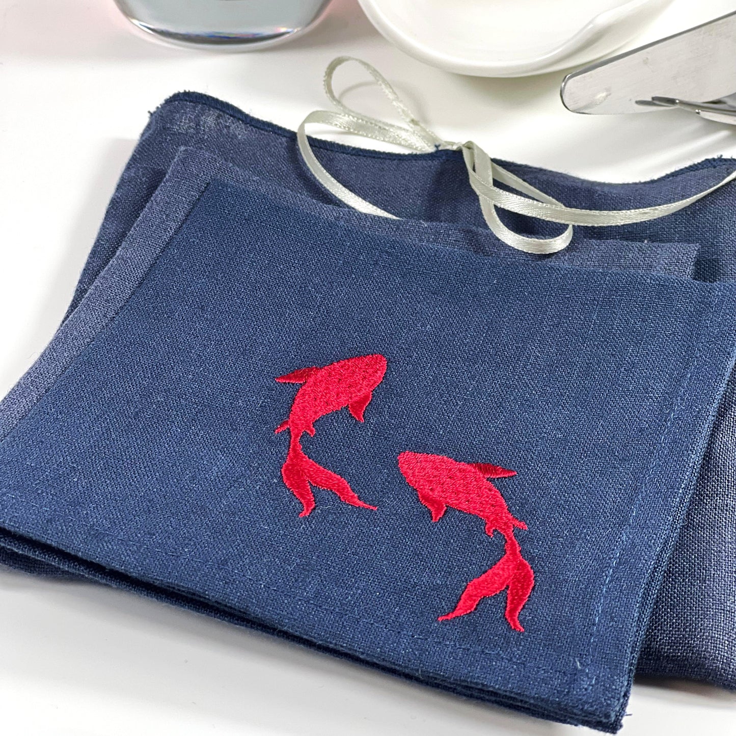 RED FISHES-NAVY LINEN COCKTAIL NAPKIN