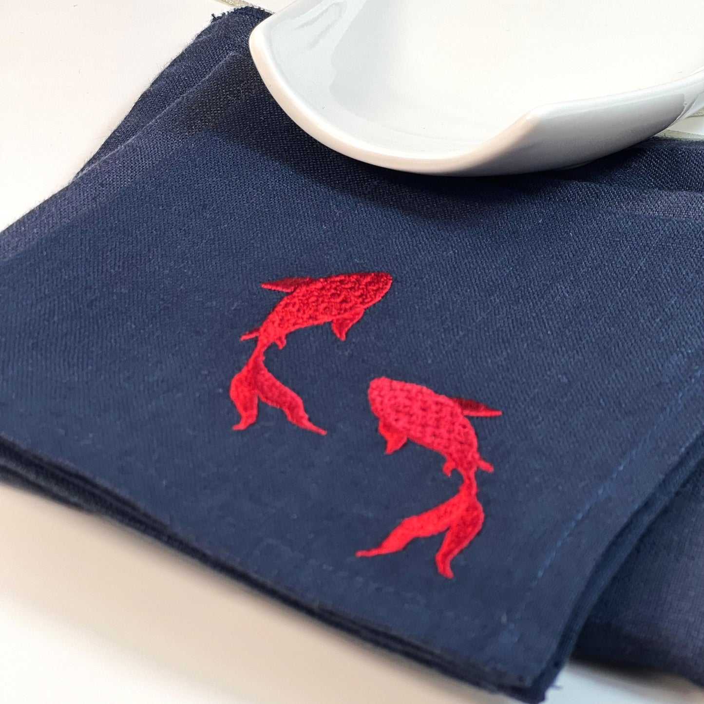 RED FISHES-NAVY LINEN COCKTAIL NAPKIN