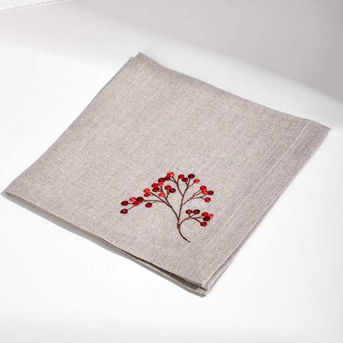 RED BERRIES NATURAL LINEN COCKTAIL NAPKINAdd a touch of natural elegance to your table with these stunning natural linen cocktail napkins. Featuring a beautifully embroidered bird perched on a branch with vTable Clothes
