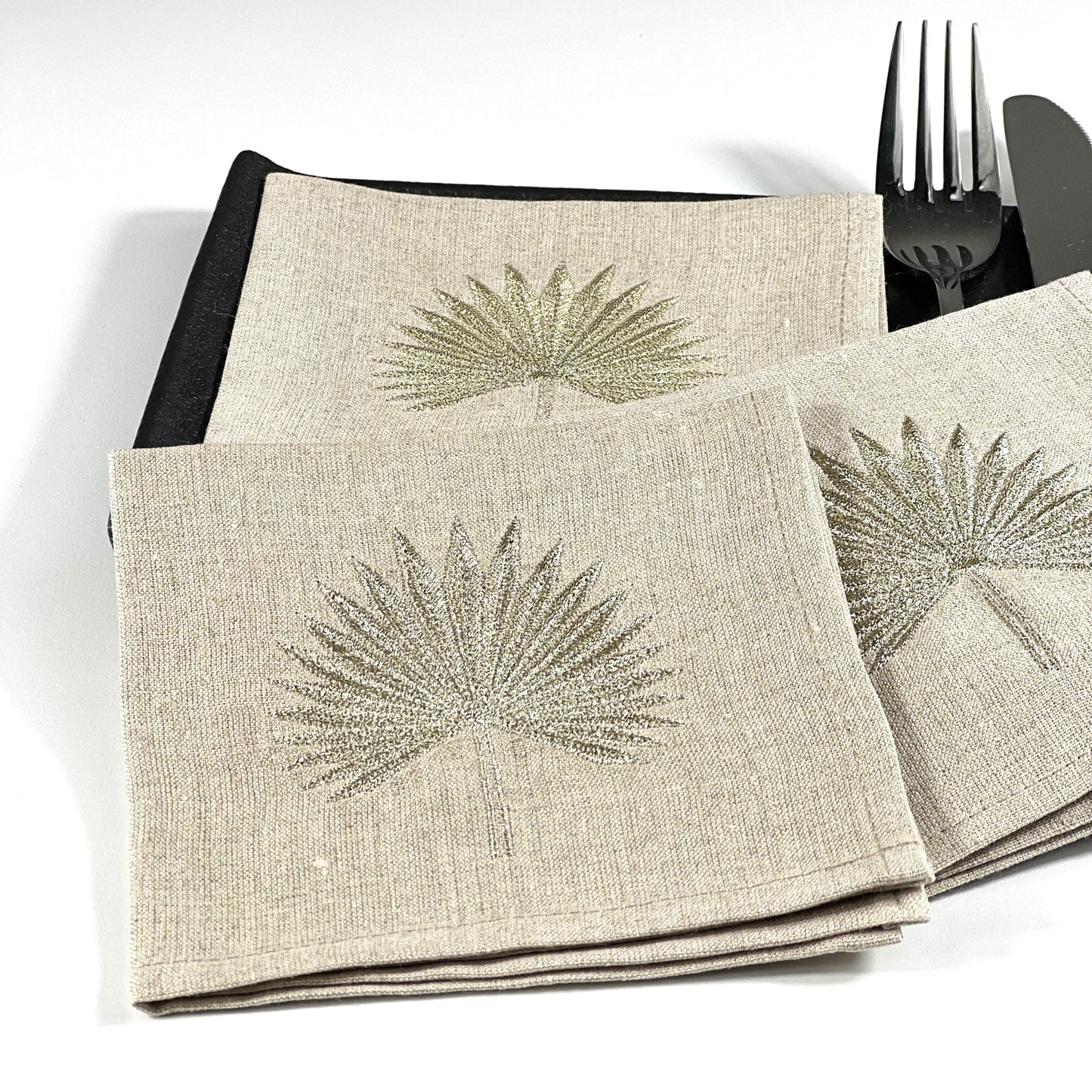 GOLD POINTY PALM LEAF-NATURAL LINEN COCKTAIL NAPKIN