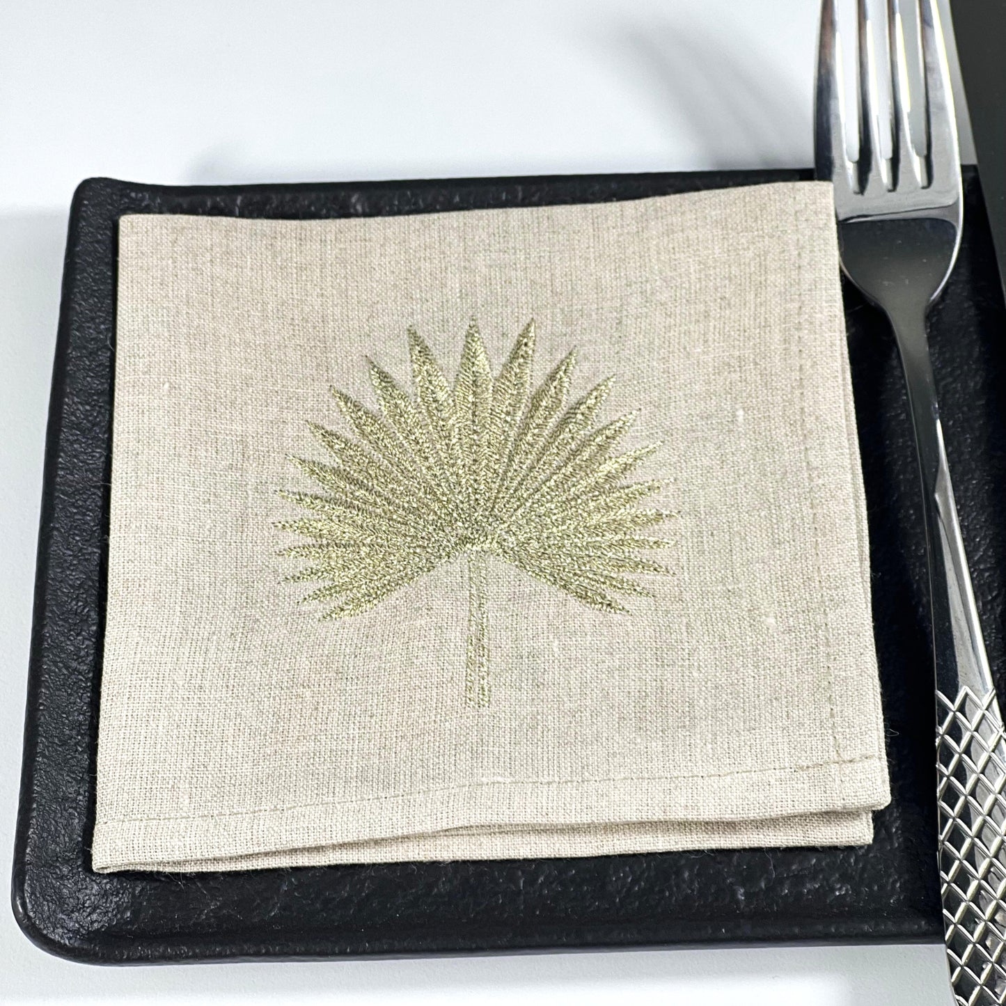 GOLD POINTY PALM LEAF-NATURAL LINEN COCKTAIL NAPKIN