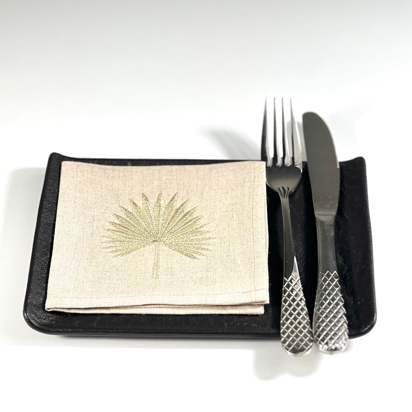GOLD POINTY PALM LEAF-NATURAL LINEN COCKTAIL NAPKIN