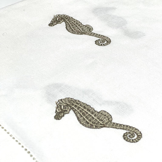 SEA HORSE HEMSTICH BEIGE-WHITE LINEN RUNNER