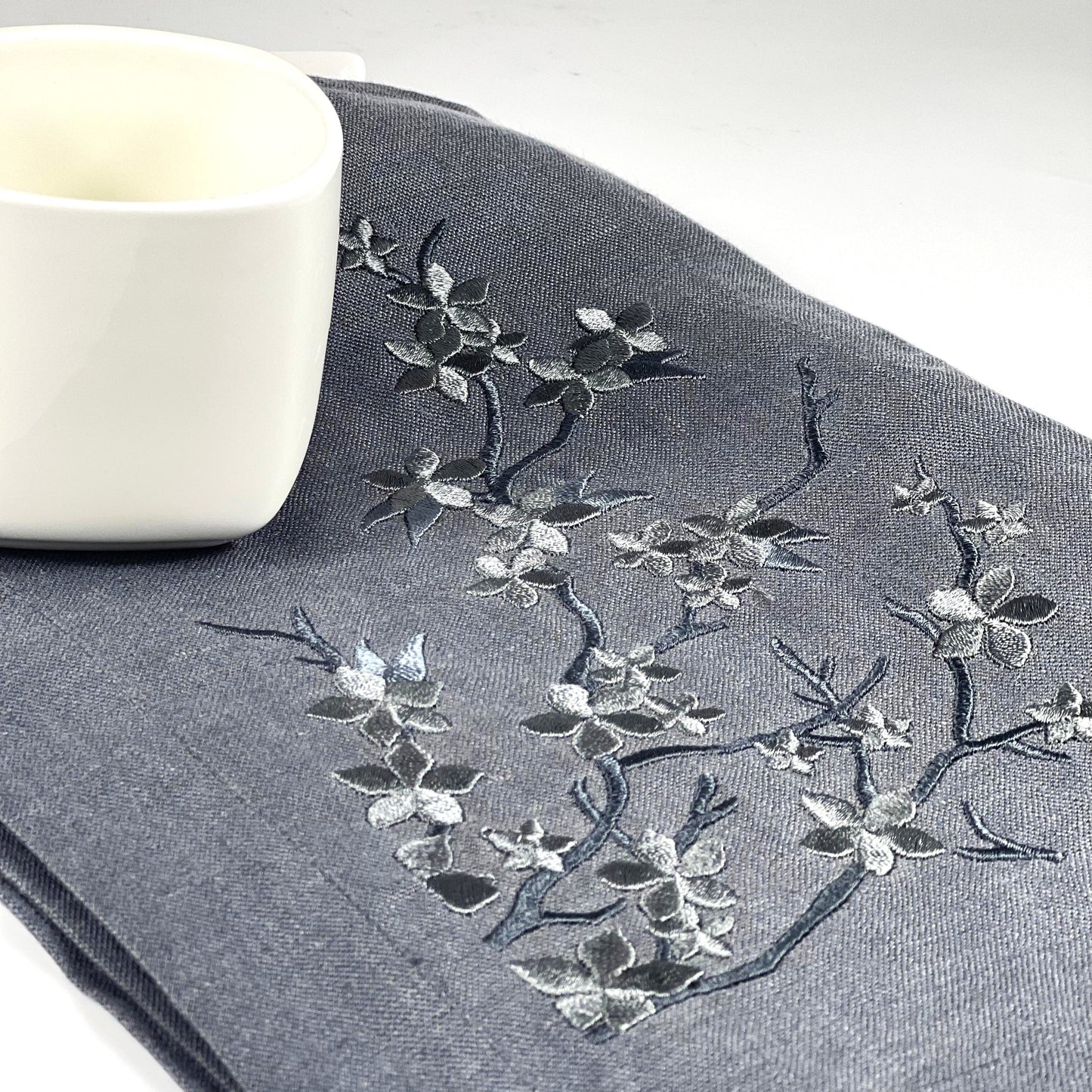 CHERRY BLOSSOM SILVER -DARK GRAY LINEN RUNNER
