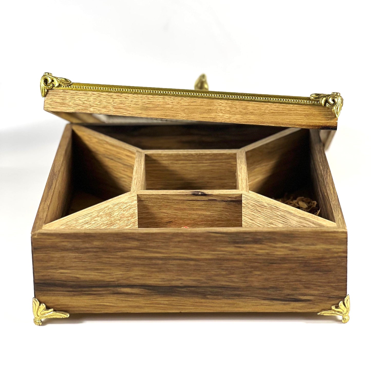 Handcrafted Wooden Storage Box with Decorative Gold Accents