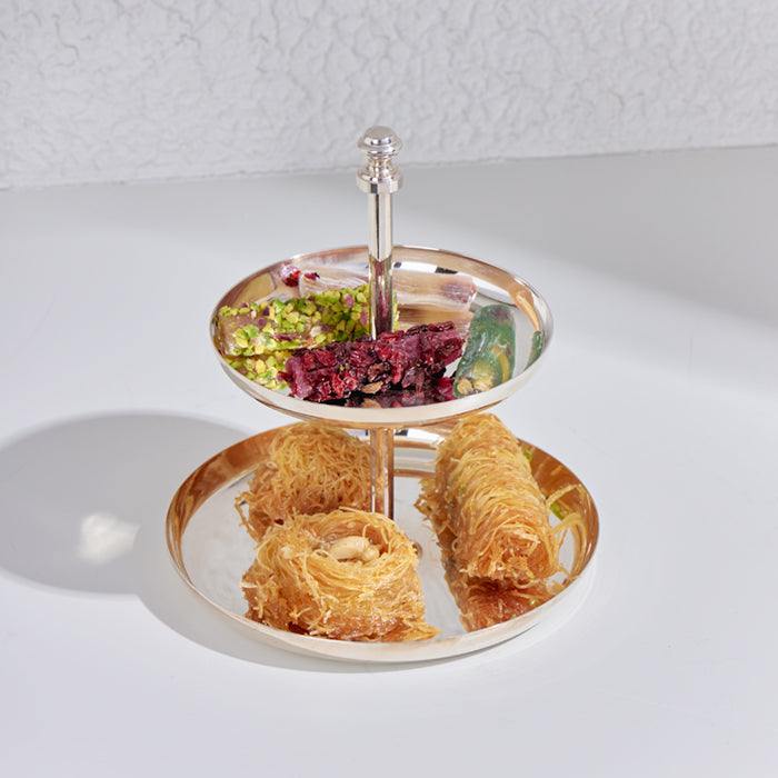 Tire Pastry Tray Silver with elegant design showcasing assorted pastries.