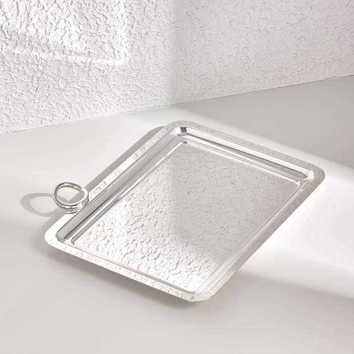Silver tray with ring handle, 23x31cm, polished surface, ideal for serving and displaying.