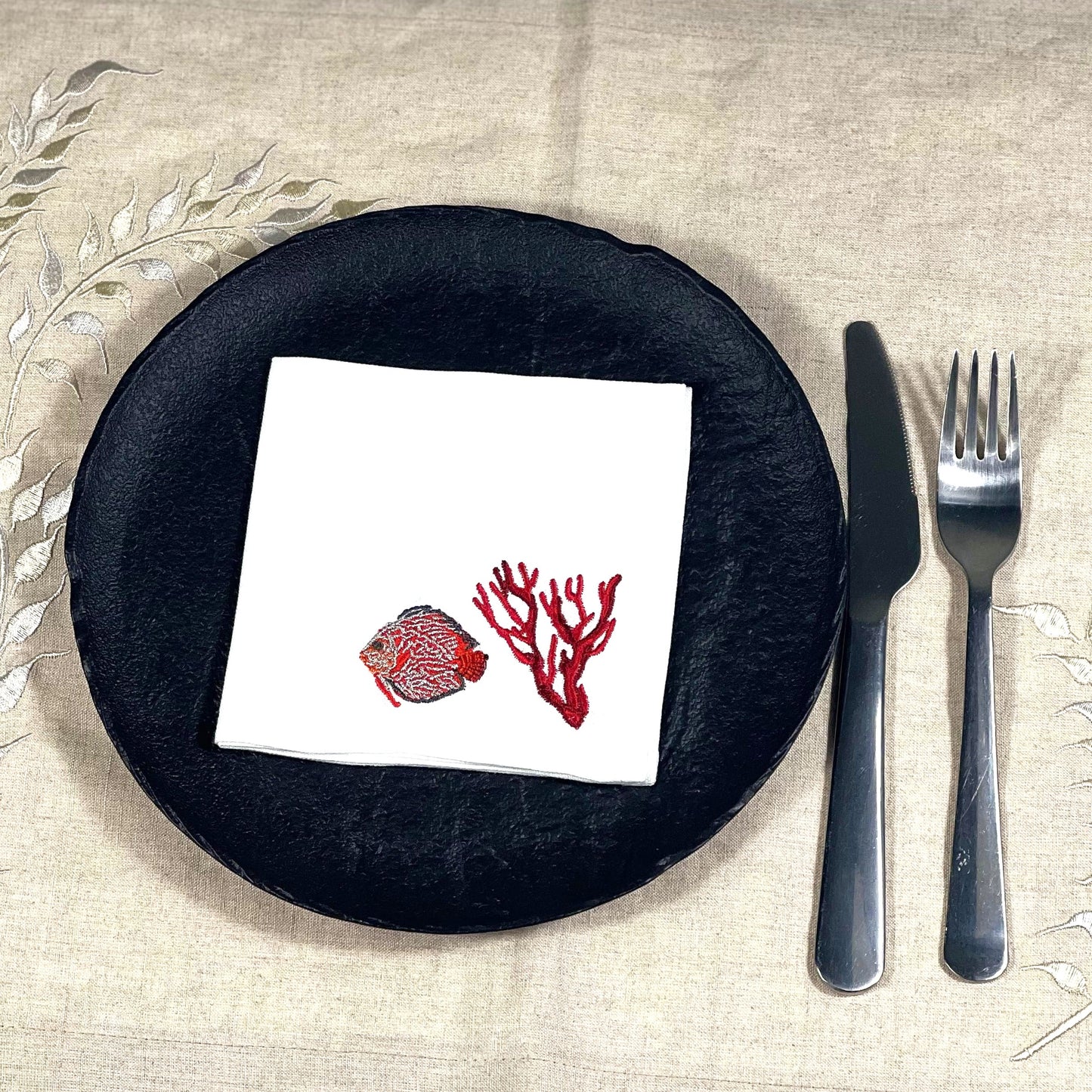 RED FISH WITH CORAL RED-WHITE COCKTAIL NAPKIN SET/6
