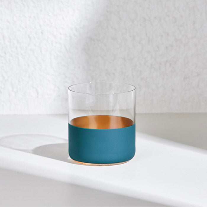 Whisky Glass in Green with deep red band and modern design.