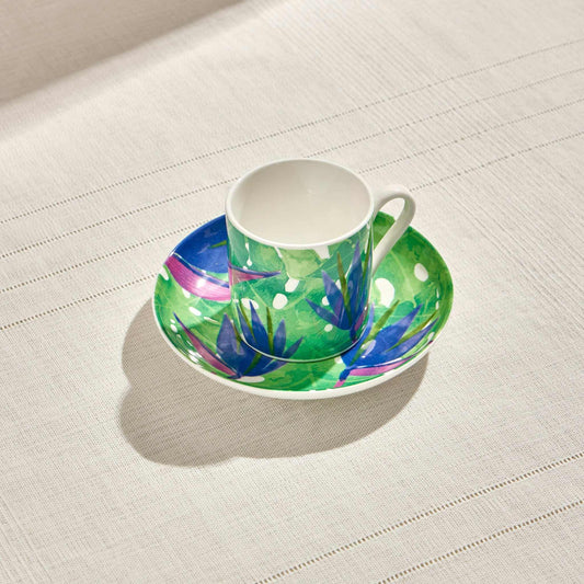Botanic Porcelain Coffee Cup with violet hand-painted botanical design and ergonomic handle.