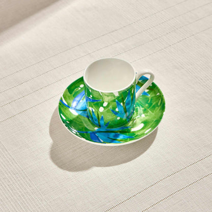 Botanic Porcelain Coffee Cup with Blue Botanical Design on Saucer
