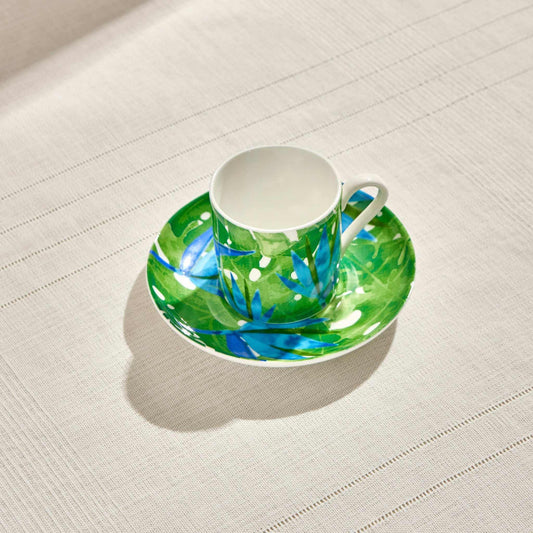 Botanic Porcelain Coffee Cup with Blue Botanical Design on Saucer