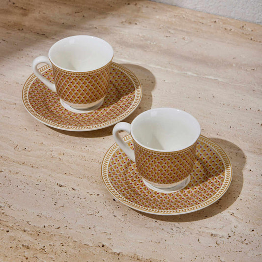 KEYIF PORCELAIN ESPRESSO CUP - YELLOW with oceanic hand-painted design and comfortable handle on saucers.