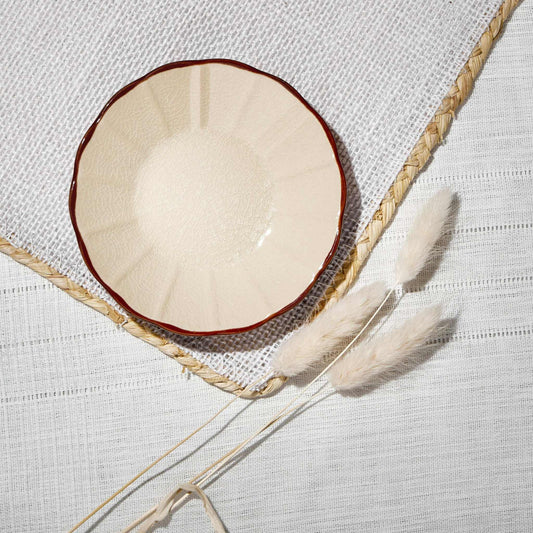 ACEM Ceramic Tea Plate in caramel with sunburst design and scalloped edge.