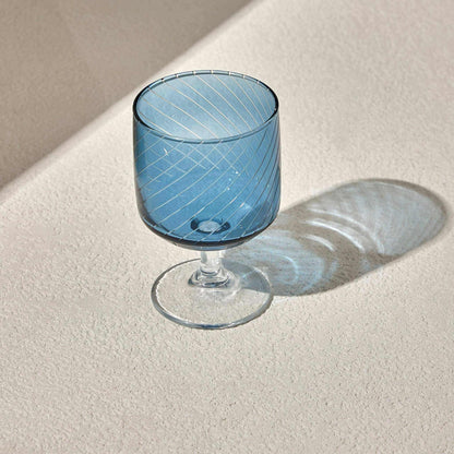 LAL WINE GLASS- NAVY with diagonal stripes and clear stem, in light purple hue.