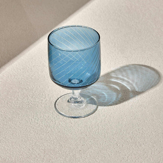 LAL WINE GLASS- NAVY with diagonal stripes and clear stem, in light purple hue.