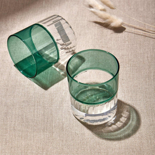 Green Ripples Glass Tumbler with textured surface and warm amber tone, 200ml capacity.