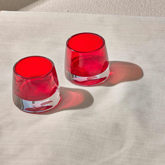 JOY GLASS T-Set of 2 red handcrafted glass cups, 6.4 cm, ideal for tea or decorative use.
