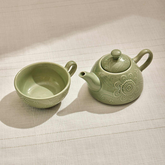 Floral Poem tea pot set, pastel green ceramic with floral designs, includes teapot and teacup, 350 ml.
