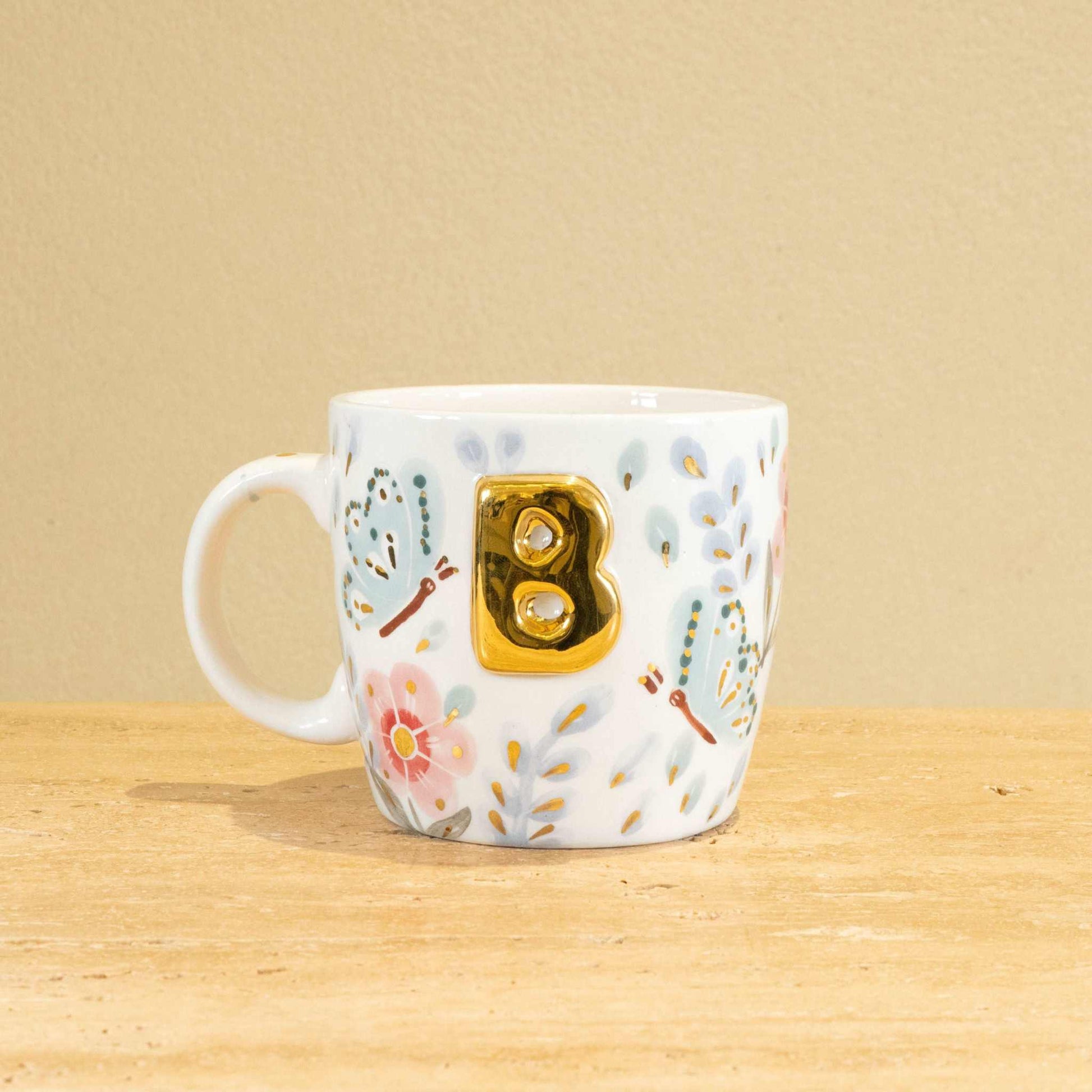 Custom Handmade Ceramic Mug with Gold-Plated "B" and Floral Design
