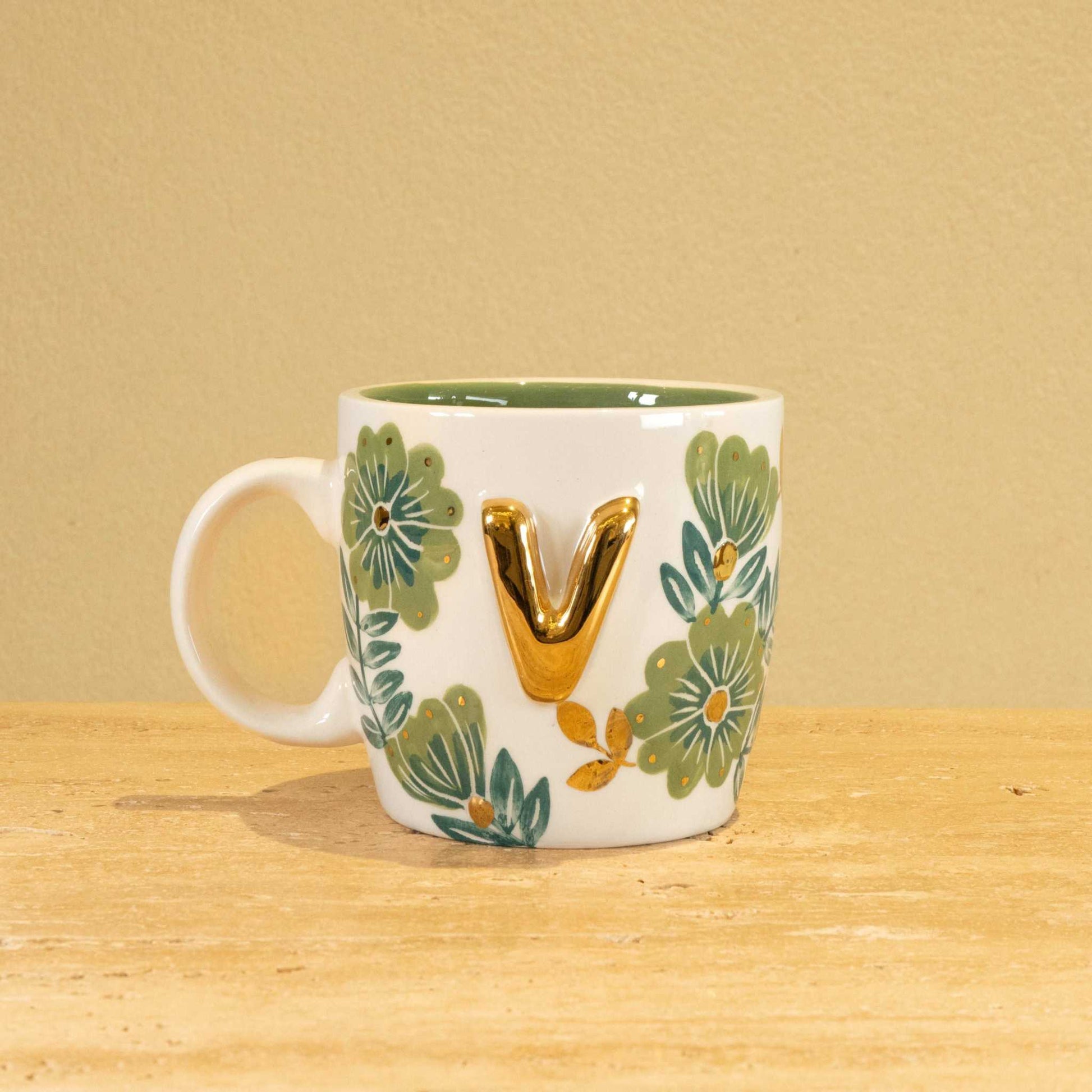 Custom Handmade Ceramic Mug with Gold-Plated Initial "V" and Floral Design